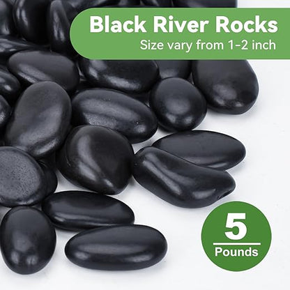 Pulovin 5 Pound Decorative Stones, Black Pebbles for Landscaping, Plant Rocks for Pots Outdoor and Indoor, 1"-2" Polished River Rocks for Vase Filler, Garden Decor