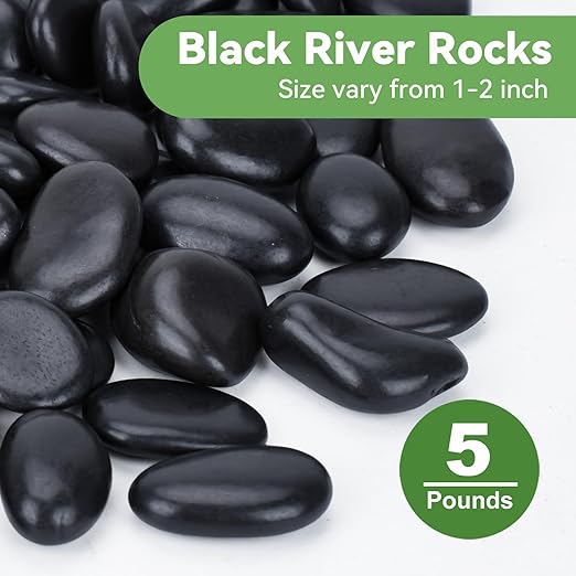 Pulovin 5 Pound Decorative Stones, Black Pebbles for Landscaping, Plant Rocks for Pots Outdoor and Indoor, 1"-2" Polished River Rocks for Vase Filler, Garden Decor