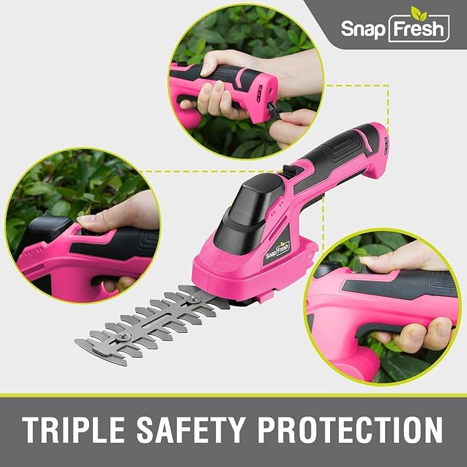 SnapFresh Cordless Hedge Trimmer & Grass Shears, 7.2V 2-in-1 Handheld Electric Bush Trimmer, Lightweight & Low-Noise, Rechargeable Lithium-Ion Battery with Type-C Cable Included (Pink)