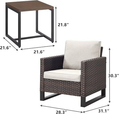 Rilyson Wicker Outdoor Patio Chairs Set - 3 Piece Rattan Patio Furniture Bistro Chairs Set with Waterproof Wicker,Comfortable Cushions and Sturdy Metal Frame for Porch Deck Backyard(Brown/Beige)