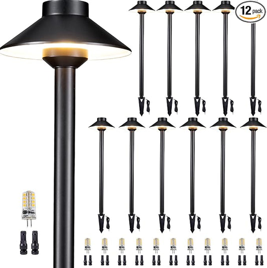 Gardenreet Solid Cast Brass Pathway Light - 12v Landscape Path Lights Outdoor Waterproof, Electric Walkway Lamp Wired, Hat Shape Black Garden Decorations with 3W 2700K Warm White G4 Bulb (12 Pack)