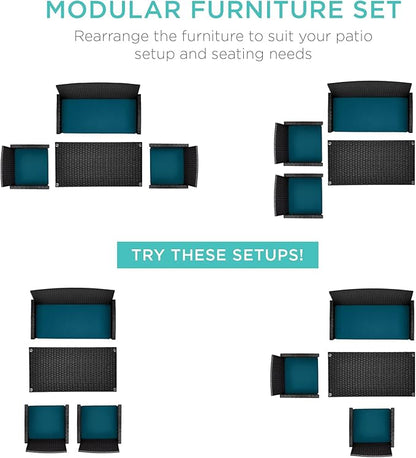 Best Choice Products 4-Piece Outdoor Wicker Patio Conversation Furniture Set for Backyard w/Coffee Table, Seat Cushions - Black/Peacock