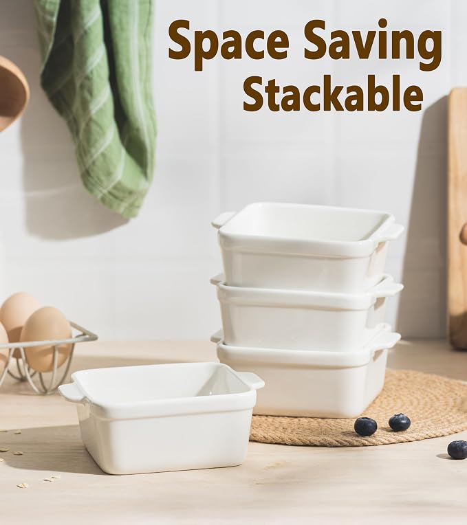 16 oz Small Baking Dish Set of 4, Individual Casserole Dishes for Oven, Ceramic Square Ramekins for Meal Prep, Lasagna, Desserts, Freezer Safe