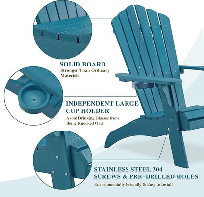 Psilvam Adirondack Chair, Oversized Poly Lumber Fire Pit Chair with Cup Holder, 350Lbs Support Patio Chairs for Garden, Weather Resistant Outdoors Seating, Relaxing Gift for Father & Mother (4, Blue)