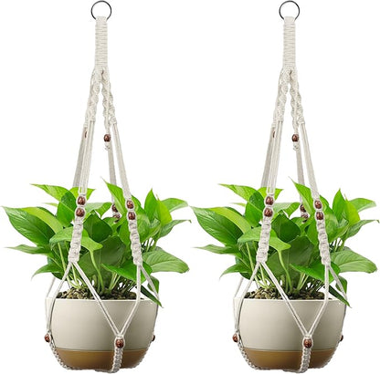 USLAI Macrame Plant Hanger Indoor Outdoor, Fits 4 to 15 Inch Pots, Strong Hanging Planter Holder, Boho Home Decor, 35+35 Inch, Ivory+Red Bead, Set of 2 (POTS NOT Included)