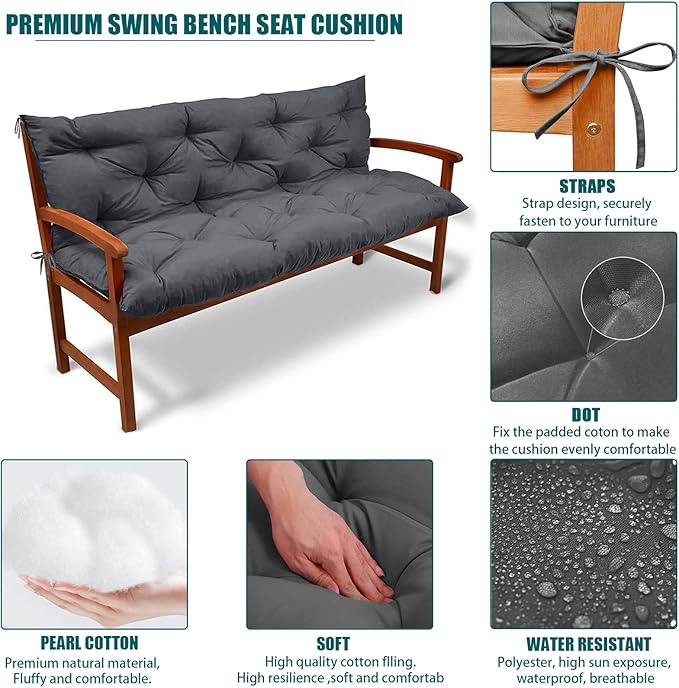 Swing Replacement Seat Cushions, 2-3 Seater Bench Cushions for Outdoor Furnitur with Backrest, Garden Recliner Seat Cushions Waterproof Sofa Pads (Dark Gray, 71x40in)
