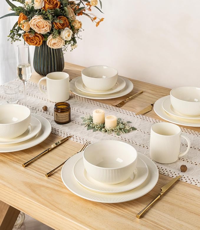 TheTerra Ceramic Dinnerware Sets for 4, 12 Pieces Porcelain Lightweight Plates and Bowls Sets, Scratch Resistant Dish Set, Oven, Microwave & Dishwasher Safe, Ivory