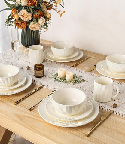 TheTerra Ceramic Dinnerware Sets for 4, 12 Pieces Porcelain Lightweight Plates and Bowls Sets, Scratch Resistant Dish Set, Oven, Microwave & Dishwasher Safe, Ivory