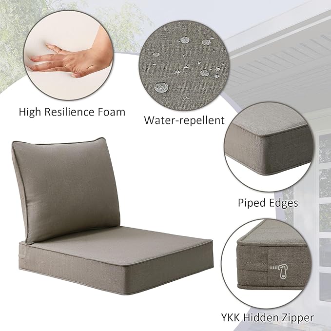 Sunbrella Outdoor Patio Chair Cushions Set, 24" x 24", Set of 2, Water-Repellent, Fade Resistant, Deep Seat Cushion for Backyard, Couch, Sofa and Patio Furniture, Cast Shale