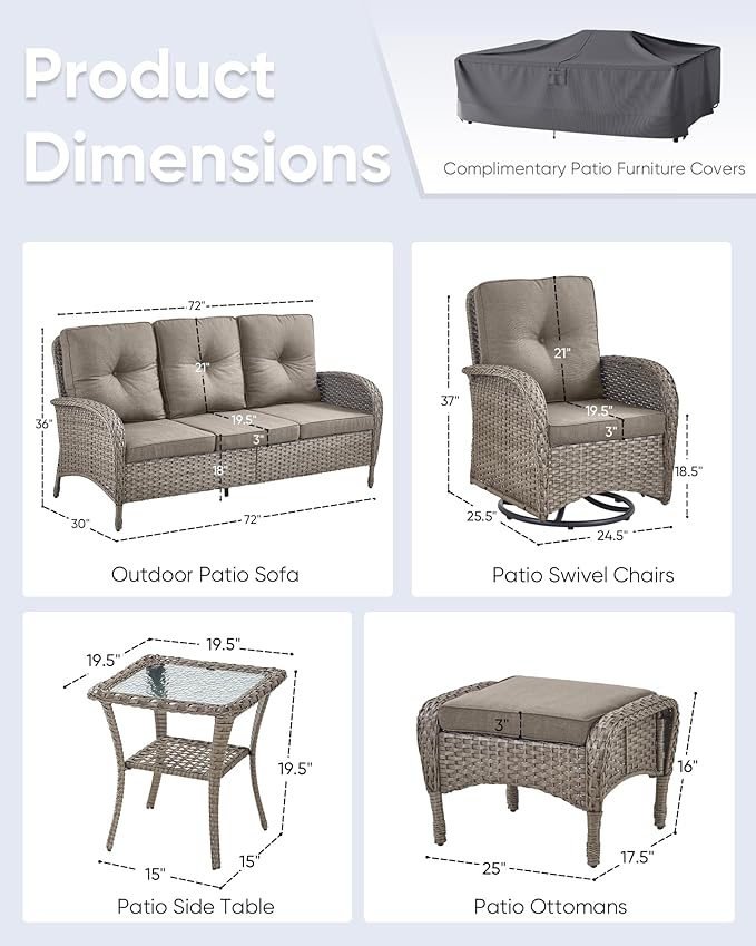 6 Pieces Outdoor Furniture-Patio Swivel Rocker Chairs Set of 2 3-Seater Wicker Couch with Outdoor Ottoman Outdoor Patio Furniture Set for Deck Porch Garden Balcony Poolside-Grey/Grey