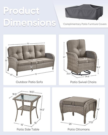 6 Pieces Outdoor Furniture-Patio Swivel Rocker Chairs Set of 2 3-Seater Wicker Couch with Outdoor Ottoman Outdoor Patio Furniture Set for Deck Porch Garden Balcony Poolside-Grey/Grey