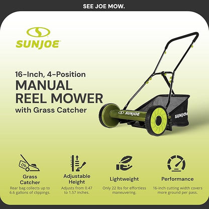 Sun Joe Lawn Mower, 16 Inch Manual Reel Push Behind Machine, Outdoor Equipment with Removable Grass Catcher and Adjustable Cutting Height