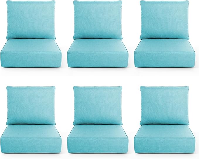 Outdoor Chair Cushions, 6 Inch Thick Patio Seat & Back Cushions Set with Removable Cover, Waterproof Patio Cushions for Outdoor Furniture, 22 x 24 Inch, Sky Blue 6-Set