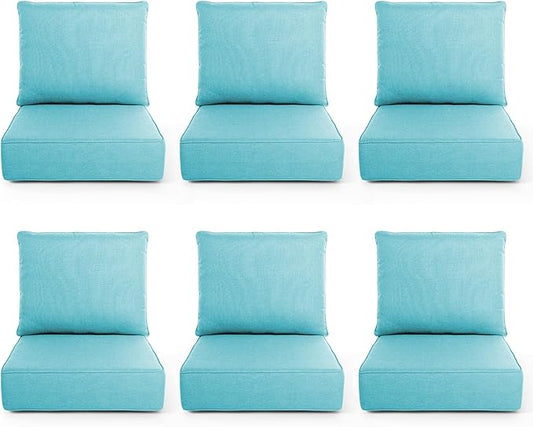 Outdoor Chair Cushions, 6 Inch Thick Patio Seat & Back Cushions Set with Removable Cover, Waterproof Patio Cushions for Outdoor Furniture, 24 x 24 Inch, Sky Blue 6-Set