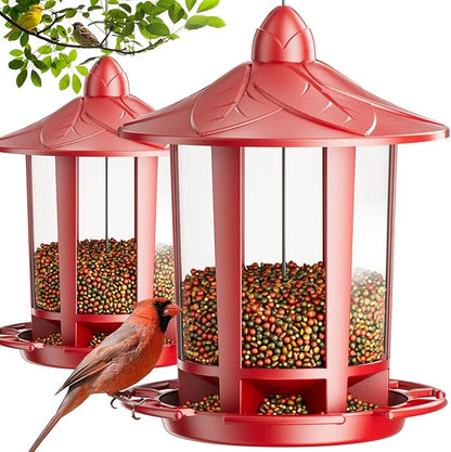 Birdream 2 Pack Bird Feeders for Outdoor Hanging, Assembly Required, 1-Min Easy Setup, Charming Castle Design, Attracting Cardinals Chickadees Goldfinches & Sparrows - Red