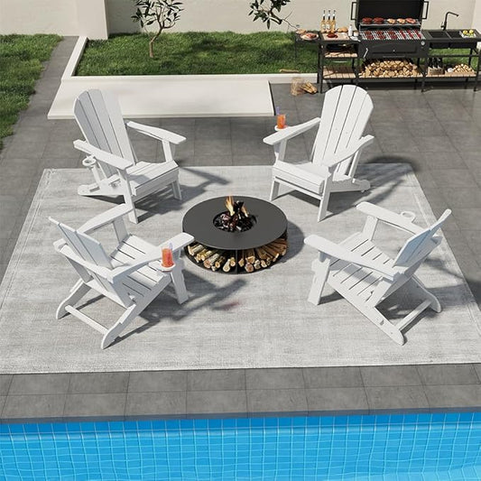 Folding Adirondack Chairs with Cup Holders, Set of 4 HDPE Plastic Outdoor Chairs, Weather Resistant, Real Wood Look, Heavy-Duty Patio Furniture for Deck, Fire Pit, Backyard, White