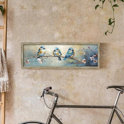 Rustic BlueBird Wooden Wall Art: Colorful Bird Framed Painting Vintage Sparrow Picture Cute Chickadee on Flower Branch Prints Countryside Artwork Decor for Living Room Bedroom Farmhouse