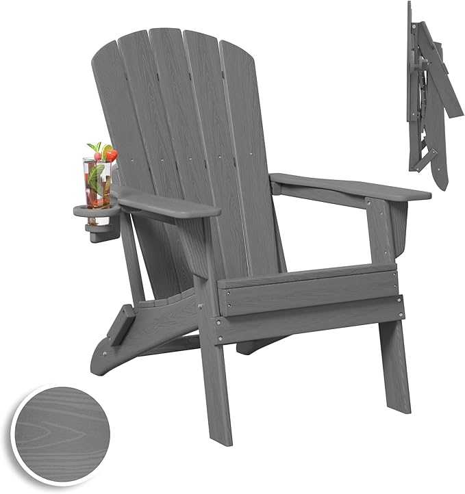 Plawdlik Folding Adirondack Chair, SGS Tested, Wooden Textured with Cup Holder, Heavy All-Weather HDPE Comfortable Set Poolside Backyard Lawn Grey