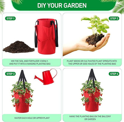 SATINIOR 10 Pack Upside Down Strawberry Planter Set Hanging Vegetables Grow Bags with 10 S Hooks, 3 Gallon Fabric Planting Bags for Easy Vertical Gardening(Red)