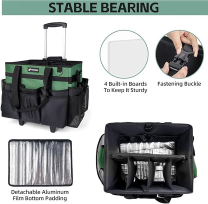 Large Rolling Cleaning Caddy Bag with Wheels, Cleaning Bag with Detachable Trolley, Cleaning Bags on Wheels for Housekeepers, Cleaning Cart Supplies Organizer for Home, Car, Picnic (Green)