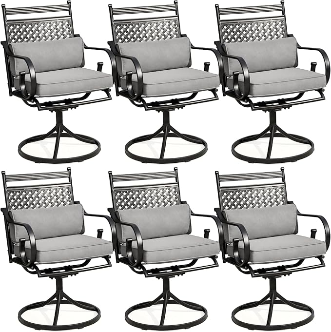 MELLCOM Patio Swivel Chair Set of 6, Heavy Duty Outdoor Dining Chairs with Cushions and Lumber Pillows, Metal Patio Chairs Gentle Rocker for Outside, Garden Lawn & Porch, Backyard, Grey