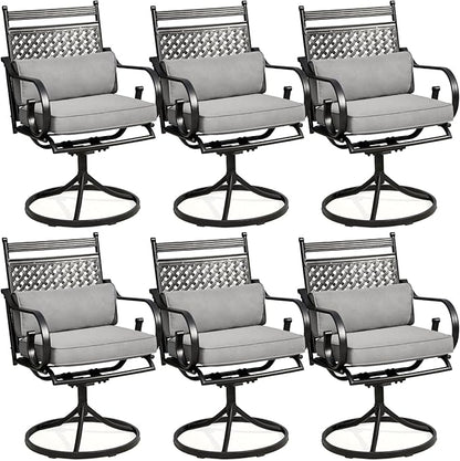 MELLCOM Patio Swivel Chair Set of 6, Heavy Duty Outdoor Dining Chairs with Cushions and Lumber Pillows, Metal Patio Chairs Gentle Rocker for Outside, Garden Lawn & Porch, Backyard, Grey