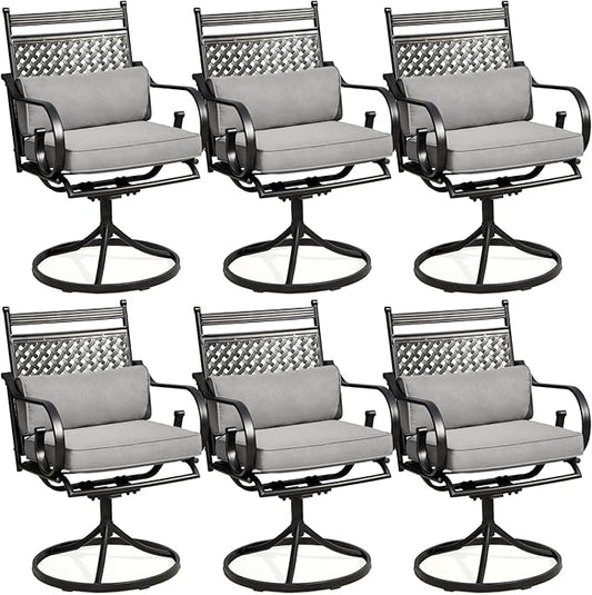 MELLCOM Patio Swivel Chair Set of 6, Heavy Duty Outdoor Dining Chairs with Cushions and Lumber Pillows, Metal Patio Chairs Gentle Rocker for Outside, Garden Lawn & Porch, Backyard, Grey