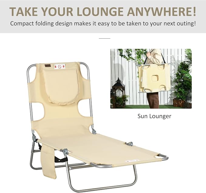 Outsunny Chaise Lounge Chair Outdoor with Face Arm Hole, 5-Position Reclining Face Down Tanning Chair with Carry Strap, Side Pocket, Portable Folding Bed Cot for Patio Beach Pool, Beige