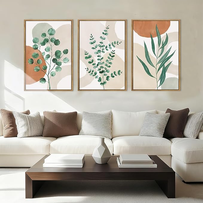 Anyzal Framed Boho Botanical Wall Art Large 16x24 Inch Abstract Green Plant Canvas Wall Decor Bohemian Modern pictures Painting for Living room Bedroom Dining room Set of 3