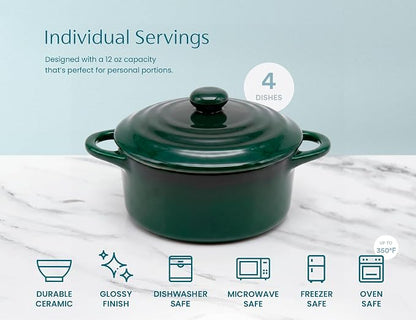 Kook Ceramic Mini Cocotte, Casserole Dish with Lid, 500F, 12 oz, Set of 4, Forest Green