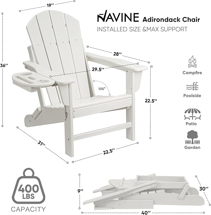 Adirondack Chair Set of 4, HDPE Folding Adirondack Chair with Multifunctional Cup Holder, Weather Resistant Fire Pit Chair for porches, patios, poolsides, Decks.