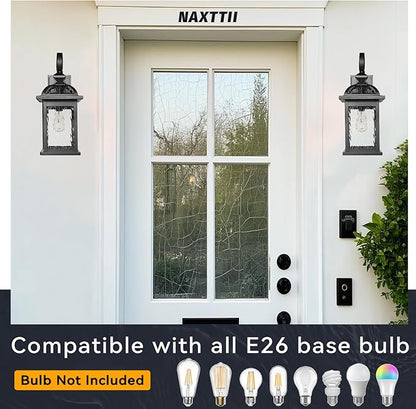 Outdoor Wall Lights Black Exterior Light Fixture Wall Mount with Water Ripple Glass 15 Inch Height Outdoor Wall Lamps 2-Pack Waterproof E26 Socket