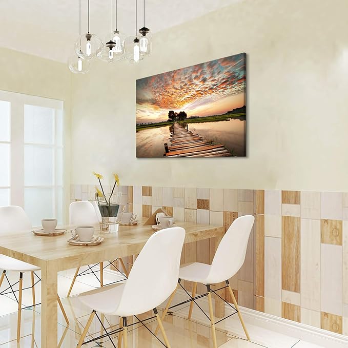 Lake Pier Canvas Wall Art: Dock in Sunset Artwork Wooden Bridge Picture Boardwalk Painting for Office（36"x24"x1 panel）
