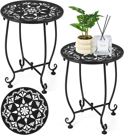 Thyle 2 Pcs Outdoor Side Table with Flower Cutout 13" Metal Small Round Weather Resistant Patio Side Tables for Outside, Balcony, Porch, Garden Bistro Indoor Outdoor Yard(Floral Pattern)