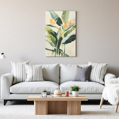 JolyWell Hand-paintd Botanical Canvas Wall Art Sage Green Leaf Tropical Plant Art Prints Boho Decor Bird of Paradise Flowers Leaf Wall Painting for Living Room Bedroom 24 x 36 IN