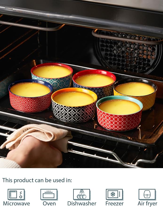DOWAN Ramekins with Lids 4 oz Oven Safe for Creme Brulee Souffle, Ceramic Custard Cups for Baking, Small Bowls for Pudding Dip Ice Cream, Set of 6, Vibrant Colors