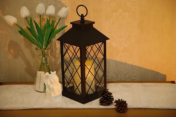 YAKii 13" Decorative Candle Lantern with LED Flameless Candle and Timer, Plastic LED Candle & Holder, Indoor & Outdoor Hanging Lights Thanksgiving &Christmas Day Decorations (Black)