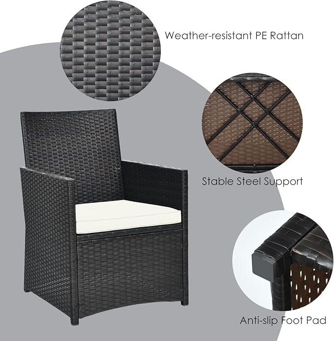 HAPPYGRILL 3-Pieces Outdoor Wicker Bistro Set PE Rattan Dining Table Set with Cushioned Chairs, Patio Conversation Set for Backyard Porch Garden and Poolside