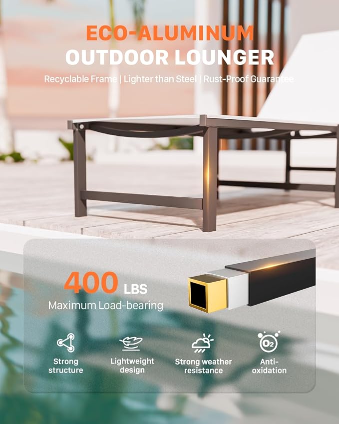 Patio Lounge Chair, Aluminum, 5 Adjustable Backrest, 1 Piece,White | Lightweight rustproof aluminum.5 adjustable backrest positions.Breathable quick-dry fabric.For poolside,beach,lawn,backyard.