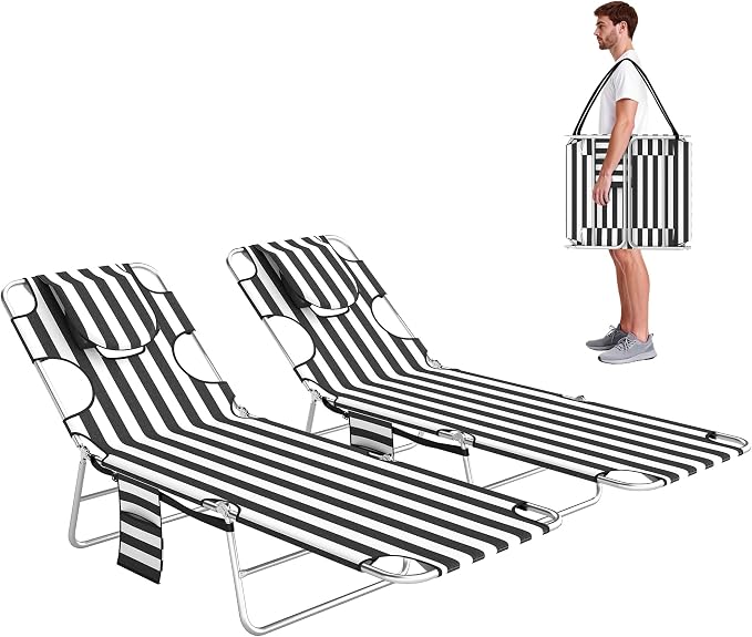 Outsunny Chaise Lounge Chairs Set of 2 Outdoor with Face Arm Hole, 5-Position Reclining Face Down Tanning Chairs with Carry Strap, Side Pocket, Portable Folding Bed Cot for Patio Pool, Black Stripe