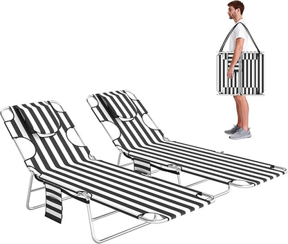 Outsunny Chaise Lounge Chairs Set of 2 Outdoor with Face Arm Hole, 5-Position Reclining Face Down Tanning Chairs with Carry Strap, Side Pocket, Portable Folding Bed Cot for Patio Pool, Black Stripe