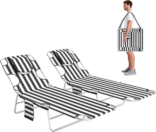 Outsunny Chaise Lounge Chairs Set of 2 Outdoor with Face Arm Hole, 5-Position Reclining Face Down Tanning Chairs with Carry Strap, Side Pocket, Portable Folding Bed Cot for Patio Pool, Black Stripe