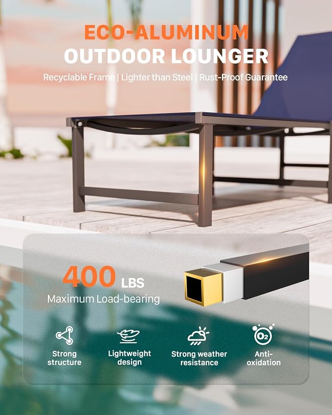 Patio Lounge Chair, Aluminum,5 Adjustable Backrest,1 Piece,NavyBlue | Lightweight rustproof aluminum.5 adjustable backrest positions.Breathable quick-dry fabric.For poolside,beach,lawn,backyard.