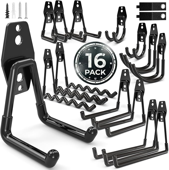 16 Pack Garage Hooks Heavy Duty Wall Mount Storage Hangers Holder Organizer, for Power Tool, Garden Yard Tools, Utility, Ladder, Hose