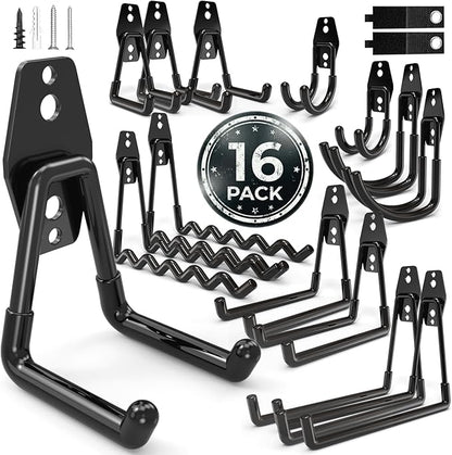 16 Pack Garage Hooks Heavy Duty Wall Mount Storage Hangers Holder Organizer, for Power Tool, Garden Yard Tools, Utility, Ladder, Hose