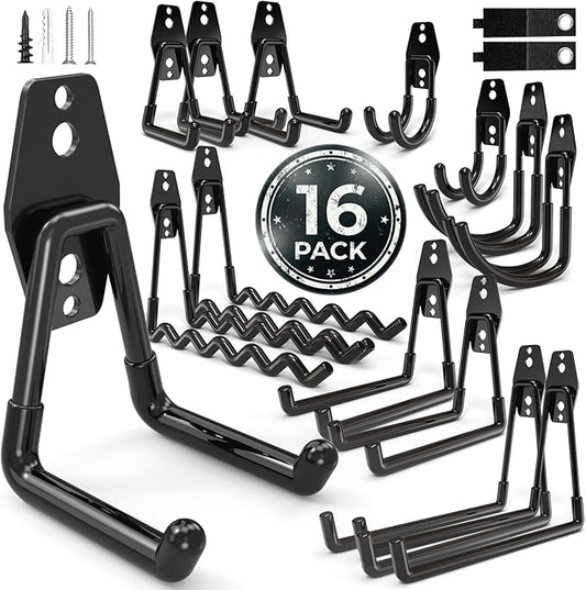 16 Pack Garage Hooks Heavy Duty Wall Mount Storage Hangers Holder Organizer, for Power Tool, Garden Yard Tools, Utility, Ladder, Hose