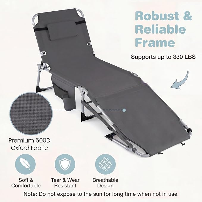Giantex Set of 2 Tanning Chair, 5-Position Adjustable Beach Chair with Face & Arm Hole, Hand/Shoulder Strap, Removable Pillow, Side Pocket, Load 330 Lbs, Sunbathing Chairs, Lounge Chairs Outdoor, Grey