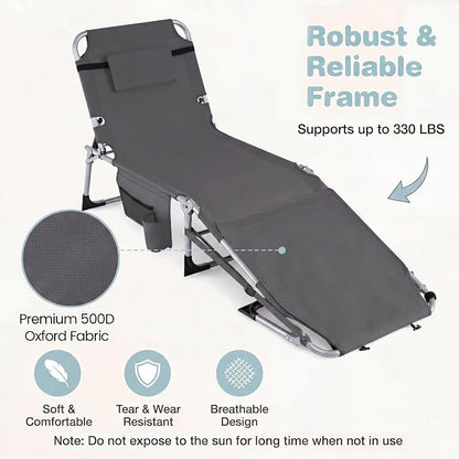 Giantex Set of 2 Tanning Chair, 5-Position Adjustable Beach Chair with Face & Arm Hole, Hand/Shoulder Strap, Removable Pillow, Side Pocket, Load 330 Lbs, Sunbathing Chairs, Lounge Chairs Outdoor, Grey