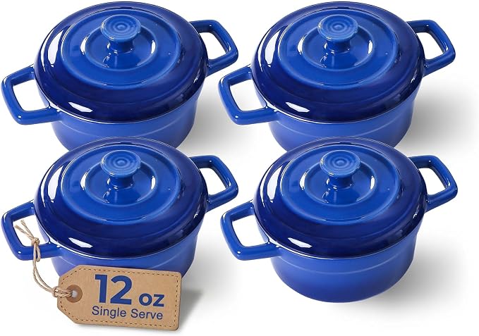 Lareina Mini Cocotte - 12oz Ceramic Casserole Dishes - Kitchen Casserole Sets With Handles And Lid - Small Baking Ramekins - Oven, Microwave & Dishwasher Safe - Set of 4 - Blue | Small casserole ramekins with handles, oven, microwave & dishwasher safe....