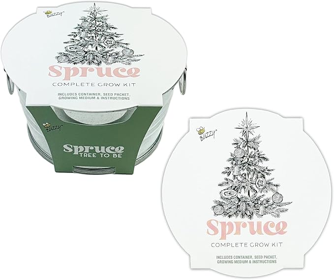 Buzzy Seeds Spruce Christmas Tree Grow Kit - Metal Windowsill Planter - Complete Indoor/Outdoor Gardening Kit with Seeds, Coconut Husk Growing Medium & Genuine Pots - 100% Grow Guarantee